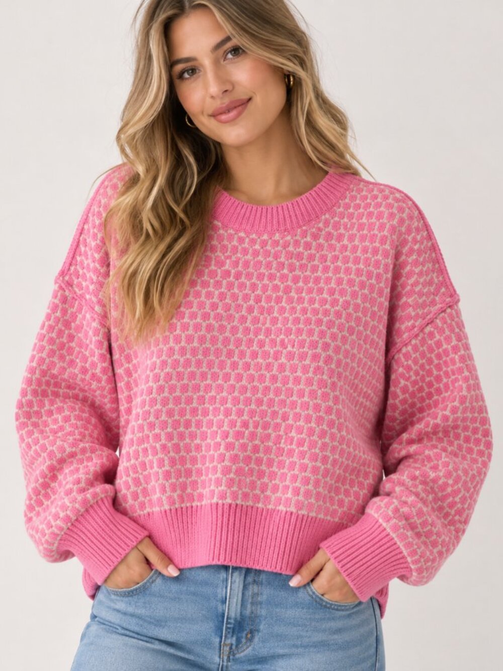 Very J Cream  Pink geometric check Texture Print Pullover Sweater Top Casual New